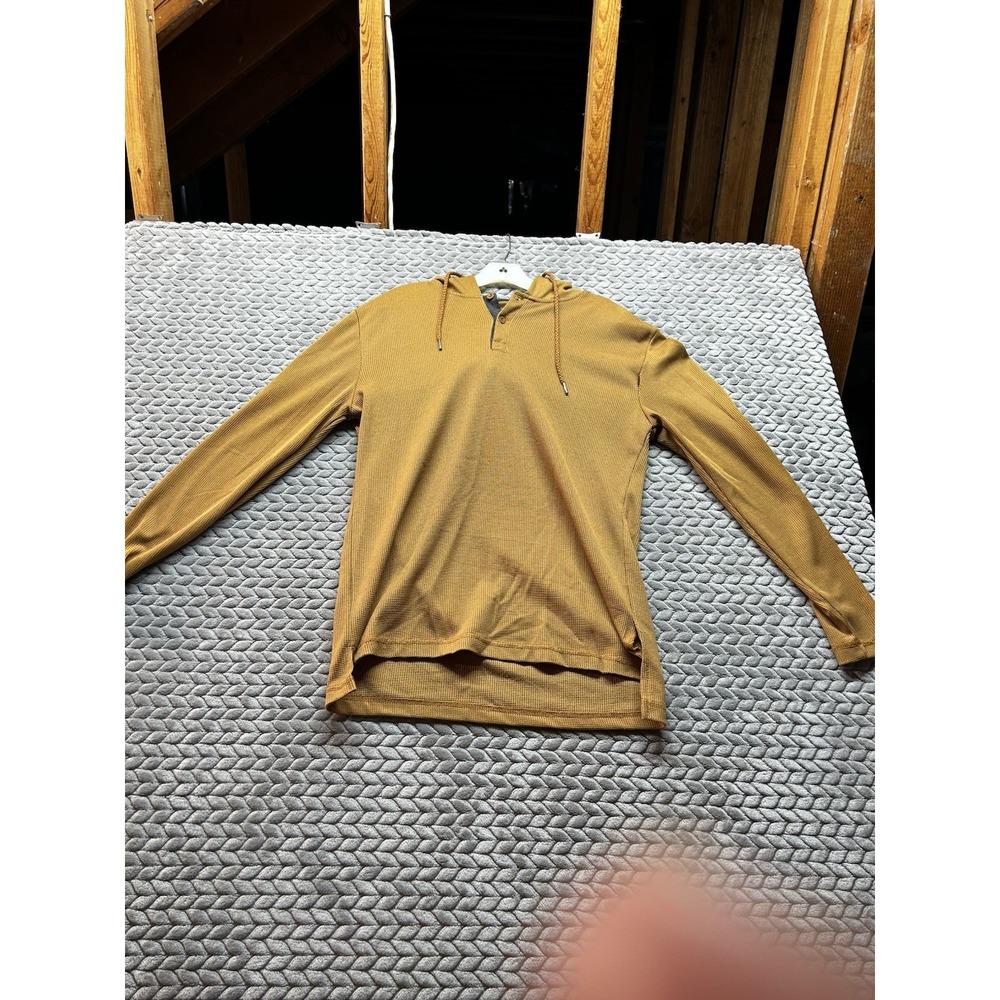 Hudson & Barrow Mens Medium Hooded Henley Thermal Waffle Knit Mustard Pullover